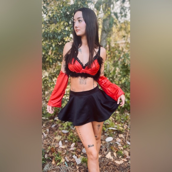 Ladies Red And Black Up-cycled Festival Rave Outfit 4 Piece Size Medium - Picture 8 of 13